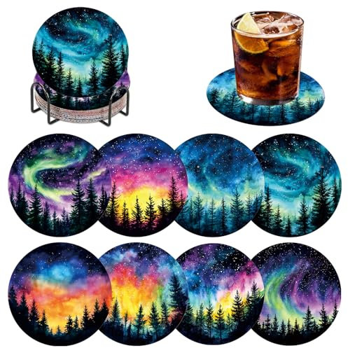 DOMROM Diamond Painting Untersetzer Landschaft, 8 Stück Diamant Painting Untersetzer Mit Halter, Diamond Painting Bilder Nacht Sternenhimmel Diamant Tassenuntersetze zum Basteln Erwachsene