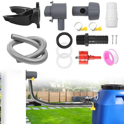 NAVESO Regenwassersammler, Regensammler für Fallrohre 70-110mm, Regenwassersammler Fallrohr Set mit 1m Schlauch, Regentonne Anschluss Fallrohr mit Montagezubehör Für Dächer Bis 80 m²