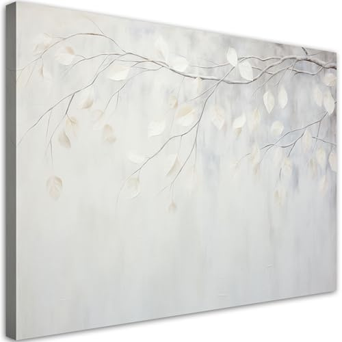 Feeby Leinwand Bilder - Bild Wohnzimmer - Beige Blätter Pflanzen Scandi - 120x80 1tlg - Deko Schlafzimmer Groß - Dekoration Canvas - Gemälde - Modern Wandbilder - Kunstdruck