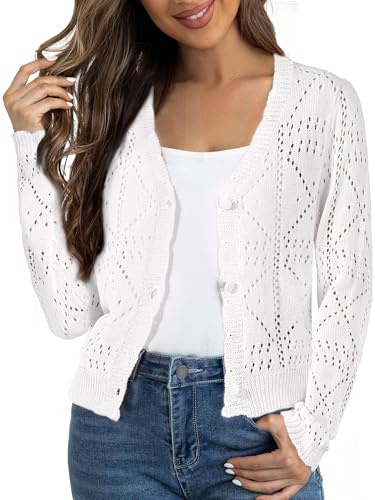 Allegra K Cardigan en Tricot Femme Gilet Court au Crochet Boutonné à Manches Longues Pull Léger à Col en V Ajouré