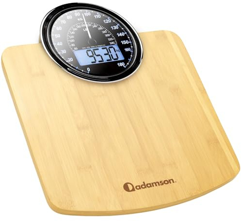 Balance de Salle de Bain Hybride 2 en 1 Adamson, Analogique et Numérique, pour un Poids Corporel jusqu'à 180 kg - Verre épais - Écran Extra Large - Lecture Facile - Bois avec Rétroéclairage Blanc