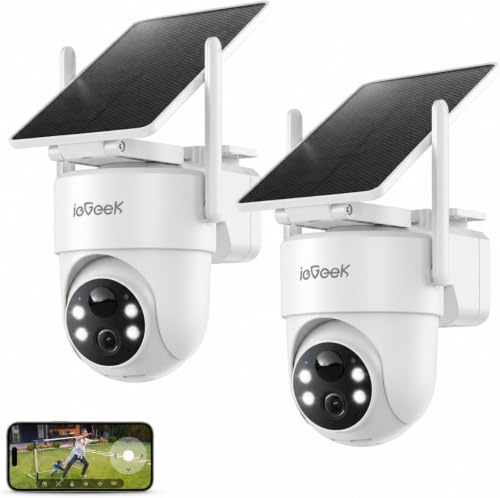 ieGeek Solar Security Camera Outdoor Wireless with Integrated/Removable Solar Panel, 3MP 360° Outdoor Camera, No Monthly Fee Home CCTV Camera, Motion Detection, Color Night Vision, 2 Pack/2PCS Set