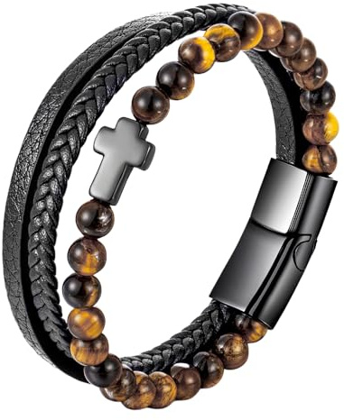 Bracelet Homme Cuir Tressé Multicouche Fait Main Pierre Œil De Tigre Naturelle et Hématite Bracelet Homme Catholique Style Punk Vintage Bijoux Cadeaux Pierre Œil De Tigre Jaune + Croix Noire 21 Cm