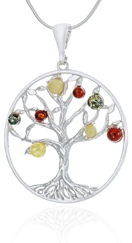 AMBEDORA Grand collier en argent pour femme - Motif arbre de vie - Avec ambre, argent sterling poli, ambre de la Baltique multicolore - Pendentif en argent sur chaîne