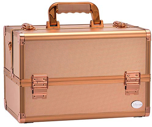 Maletín de maquillaje, organizador de maquillaje, color oro rosa, con mucho espacio de almacenamiento para cosméticos y productos de peinado, oro rosa