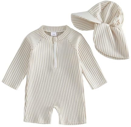 Caziffer Maillot de Bain Une Pièce avec Zip pour Bébé Garçon Maillot de Bain Garçons Manches Longues Protection Solaire avec Chapeau de Soleil (Abricot, 0-3 Months)