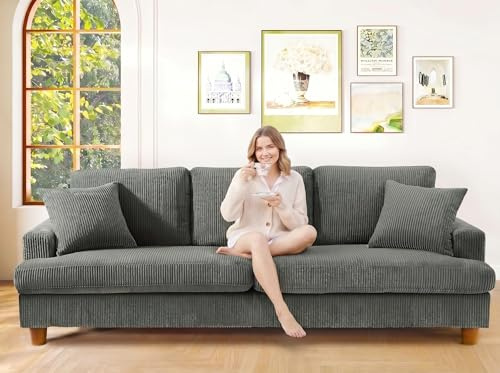 Kidirect 211CM 3 Seater Sofas, Corduroy Sofa No Tool Assembly, Oversized 2 Seater Sofa With 53CM Deep Seats, 3 Seater Sofa Couches & 2 Pillows, Sofa in A Box, Boho Sofas For Living Room, Grey Sofa