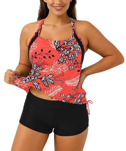 Costume da bagno tankini in due pezzi con motivo floreale, composto da mutandine a taglio alto, top Rashguard da donna, ideale per nuoto, prendere il sole, vacanze, Colore: arancione., M