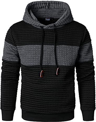 HOOD CREW Men’s Sweatshirts Long Sleeve Pullover Patchwork Plaid Jacquard Hoodie Casual Drawstring Hoody Top Black 3XL