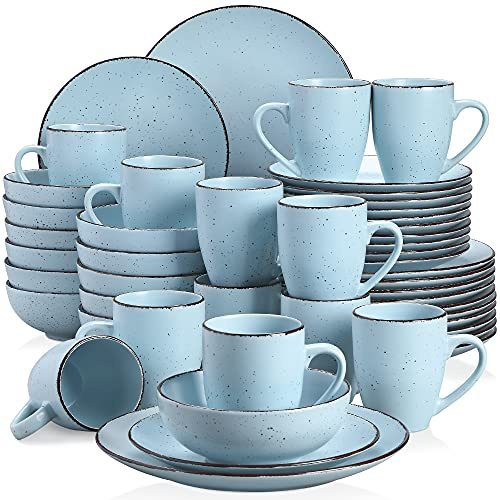 vancasso MODA Servizio da Tavola, Set Combinazione 48 Pezzi in Porcellana con Piatto Piano, Piatto Dessert, Ciotola Cereali e Tazza, Stoviglie Azzurre, Servizio per 12