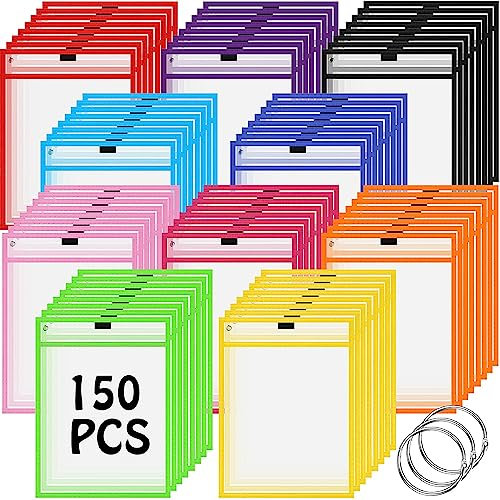 Teling 150 Stück trocken abwischbare Taschen, 25.4x35.6 cm, transparent, wiederverwendbar, trocken abwischbar, Schreib- und Wischtaschen, mit 10 verschiedenen Farben für Schule und Büro