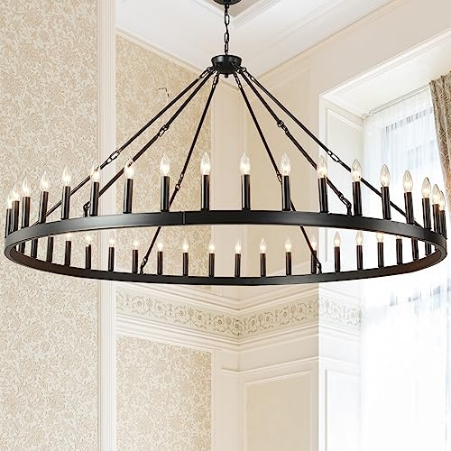 64 Inch Extra Large Black Wagon Wheel Chandelier 42-Light Farmhouse Wagon Wheel Chandeliers Round Industrial Ceiling Light fixtures for Outdoor Porch high Ceilings Living Dining Room Foyer Entryway