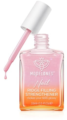Modelones Nail Care 8 in one Ridge Filling Strengthener Treatment, Nail Polish Strengthener for Damaged and Weak Nails, Nail Hardener Extra Strong and Growth Smoothing Base Coat Pink Nail Varnish 15ml
