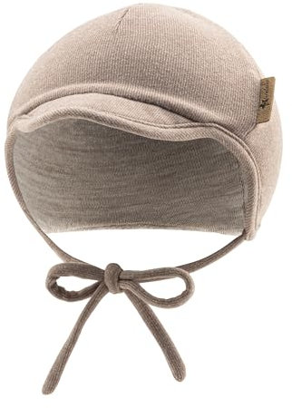 Sterntaler Schirmmütze aus Feinstrick - Jungen Schirmmütze mit angeschnittenen Ohrenklappen und Bindeband - Baby Beanie, gefüttert mit weichem Baumwollfleece- Sand, 49
