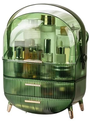 Scatola portaoggetti per cosmetici, impermeabile, organizer per cosmetici, antipolvere, con coperchio, maniglia per il trasporto, 2 cassetti, per il bagno e il tavolo da toeletta (verde)