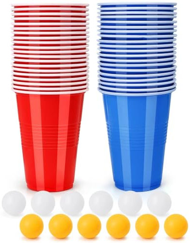 Spyrtb Bierpong Becher Set, Beer Pong Becher, 40 Beerpong Becher(500ML) +12 Tischtennisbälle, Wiederverwendbare, Red Cups Für Party Trinkspiele Camping Geburtstag Hochzeit