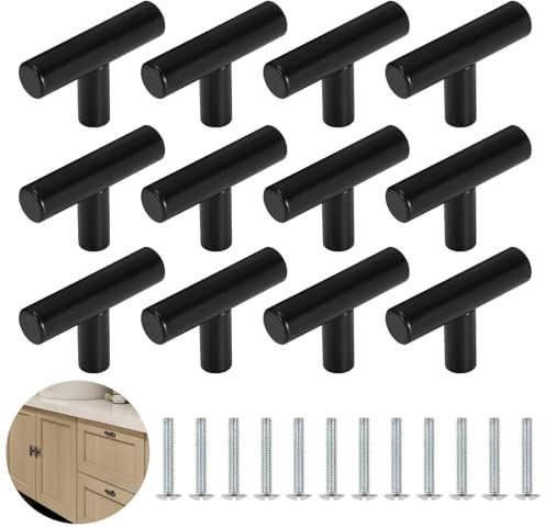 YSDMY Tiradores para muebles vintage, 12 unidades, en forma de T, 46 mm, color negro, para cajones, pomos de cómoda, pomos de puerta para armario, armarios, muebles y hardware