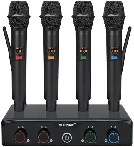 MELONARE 4-Channel Wireless Microphone System, UHF Compact Cordless Mic Set w/ 4x10 Frequencies, 200ft Range, Dynamic Handheld Microphone for Singing, Karaoke, Church, DJ, Wedding (MWM-41-4H)