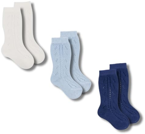 Coccoli | 3 Paia di Calzini Lunghi Neonato in Cotone Elasticizzato con Motivo Traforato, Calzini Traforati Neonato a Tinta Unita, Made in Italy (azzurro-panna-blu, 18/19)
