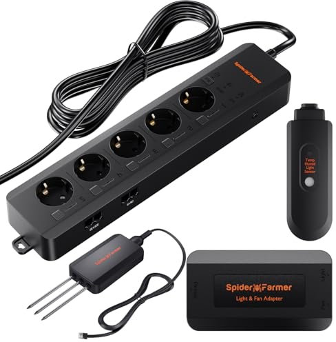 Spider Farmer GGS AC5 5-Fach Steckdosenleiste, Smart APP Basierte Kontrollen Steckdosen, 3 in 1 Boden Sensor, Temp Humid Light Sensor, für Indoor GrowZelt Grow Tent und Raum