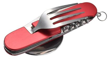 FUZVOL Folding Camping Cutlery Set Stainless Steel Portable Utensil 6 in 1 Multitool Outdoor Tableware for Travel, Hiking, Picnic,Red