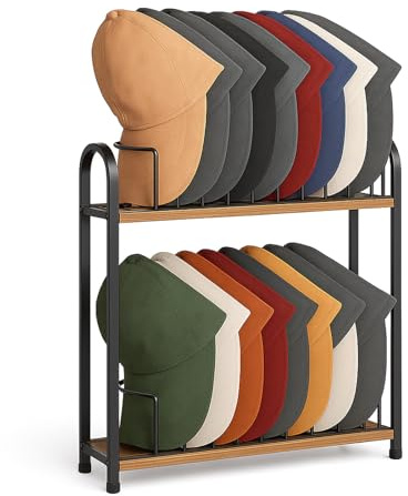 SWTYMIKI Hat Stand for Baseball Caps - 2 Tier Wood & Metal Removable Tabletop Hat Organizer Storage Display Rack, Holds up to 20 Caps for Desk, Closet Shelf, Dresser (Black)