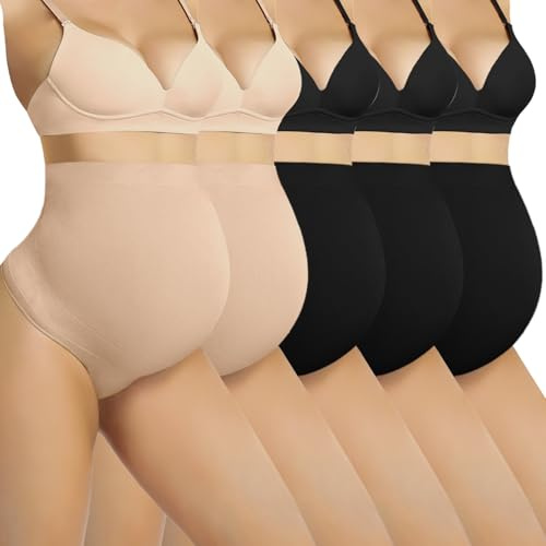 Diawsome Maternity Thongs Over Bump 5 Pack, Seamless Pregnancy Knickers for Women, High Waist Belly Support Underwear with Soft Cotton Gusset