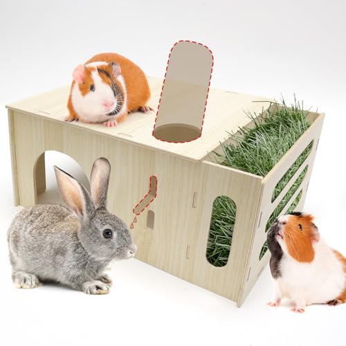GHWMYD Maisonnette avec Mangeoire à Foin pour Lapin, 2 en 1 Cabane Cochon d'Inde en Bois avec Distributeur de Nourriture pour Petits Animaux de Compagnie, Hamsters Nains, Chinchilla