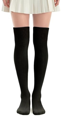 Telooco Calcetines Altos Hasta el Muslo para Mujer 50cm Largo Calcetines Hasta la Rodilla de Algodón Lolita Medias de Punto Trenzado Calentadores de Piernas Cálidos para Mujer Niña (Negro)