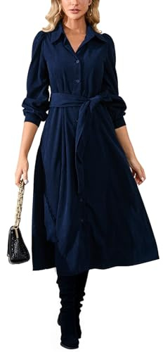 YEXPINE Women's Corduroy Midi Dress Long Sleeve Button Down Belted Flowy Shirt Dress with Pockets Navy Blue