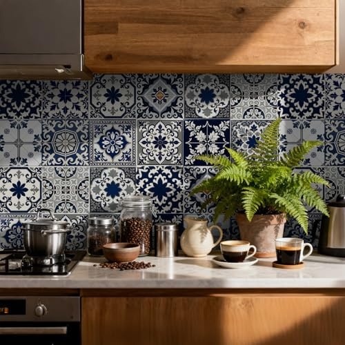 Tile Stickers for Kitchen 24 pcs Stick on Tiles Kitchen Bathroom Self | Adhesive Peel and Stick Wall Waterproof Oil-Proof (15cm x 15cm, 6x6 inches) for Floor Stairs Furniture(Blue White)