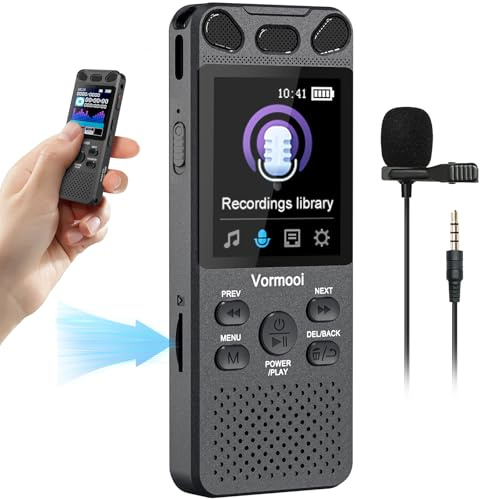 Vormooi 110H Enregistreur Vocal Prend en Charge Les Cartes Mémoire | 16Go Mémoire Intégrée Dictaphone, Micro Externe, 2,15 Écran Couleur, Activation Vocale, Reunions Classes