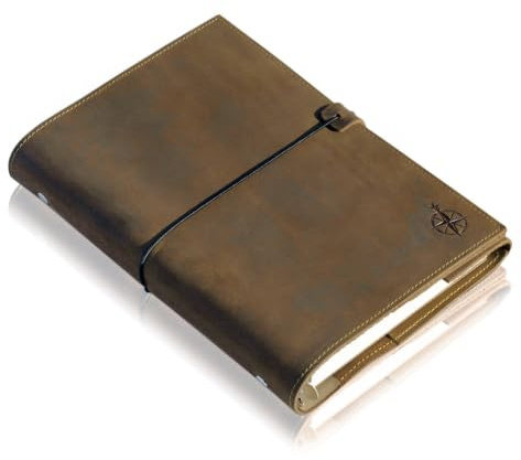 Wanderings Agenda de Cuero A5 con Anillas – Diario Recargable con Bolsillos – Cuero Genuino de Grano Completo – Compatible Filofax – Calendario 16 Meses Sept. 2026–Dic. 2027 – 17 x 22,5 cm
