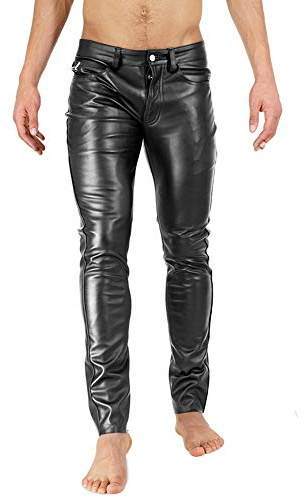 Bockle Super Skinny Faux svarta konstläderbyxor för män tight stretch läderrör, svart, 36W x 36L