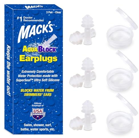 Mack's AquaBlock Swimming Earplugs, 3 Pair | Waterproof, Reusable Silicone Ear Plugs for Swimming | Swim Ear Plugs for Snorkeling, Showering, Surfing, Bathing (Clear)