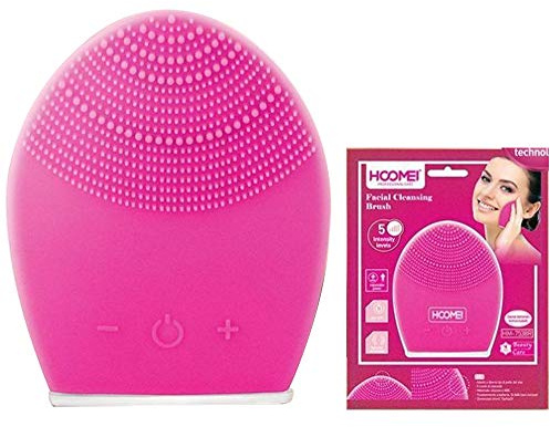 Hoomei Cepillo eléctrico de limpieza facial, dispositivo de limpieza facial, de silicona, muy delicado y apto para todos los tipos de piel, impermeable, recargable, color rojo/azul