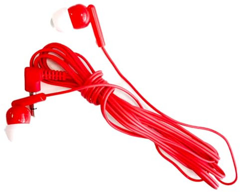 M&E - Confezione da 100 auricolari usa e getta, connessione jack 3,5 mm, presentazione in sacchetti singoli EcoFriendly per la massima igiene, colore rosso