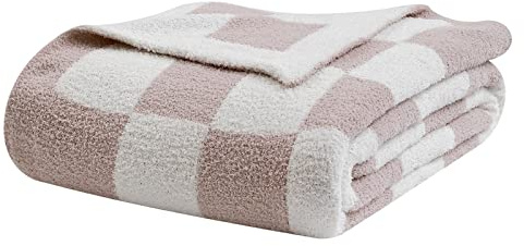 bearberry Fuzzy Checkerboard Grid Throw Blanket Soft Cozy Warm Microfiber All Season Blanket Decor for Couch Sofa Bed Travel Home (Cream, 50''x60'')