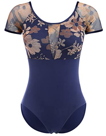 IMEKIS Damen Blume Ballettanzug Kurzarm Rückenfrei Tanzbody Ballett Trikot Top Gymnastikanzug Ballettkleidung Ballerina Tanzkleidung mit Abnehmbaren BH-Pad Dunkelblau M