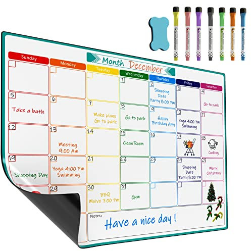 KTRIO A3 Magnetischer Monats-Wochenplaner für Haushaltsplan, Einkaufsliste, Essens- und Fitnessplanung. Nass & trocken abwischbares Whiteboard mit 7 Markern und Schwamm zum Aufhängen.