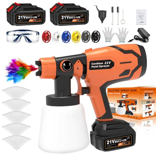 SHJICH Farbsprühsystem, 21V Akku farbspritzpistole, mit 2 Akku 4000mAh Farbpistole, Mit 6 Düsen und 3 Sprühbildern, 1000ML Farbsprühgerät, Anwendbar auf Farbsprühsystem wandfarbe, Möbel, Zäune
