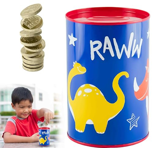 Boys Metal Money Tin Box Dinosaur Design Sterling Money Cash Tin & Coin Slot Opening, Tin Cans Durable Metal, Piggy Bank for Kids & Elders Size-15cm