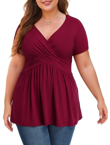 Anelune Plus Size Tops for Women, Short Sleeve Tunic Blouse, Wine Red, L