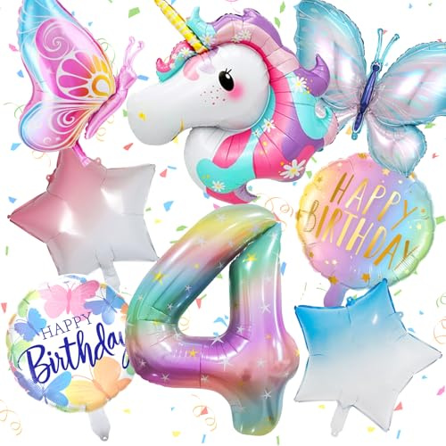 Einhorn Luftballon 4. Geburtstag,4 Jahre Schmetterling Geburtstag Deko,4 Jahre Runde Folienballon Einhorn,4 Jahre Luftballon,Geeignet für die Geburtstagsfeier für Kinder Dekoration Luftballons