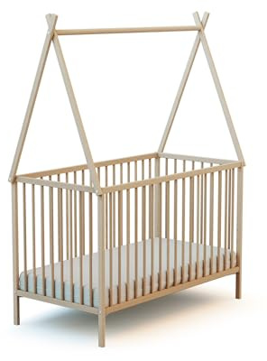 WEBABY - Lit tipi 60x120 en bois Hêtre brut | Bois massif | Dès la naissance | Sommier à lattes | Lit à barreaux |Sommier réglable 3 hauteurs