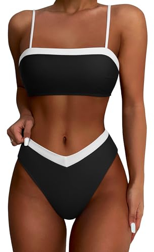 SUUKSESS Women Sexy Bandeau High Waited Two Piece Bikini Sets Cheeky High Cut Swimsuit Color Block Bathing Suit (Black White, M)