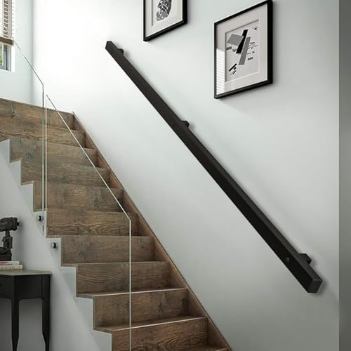 Stair Handrails for Walls, 1m 1.5m 2m 2.5m 3m Metal Wrought Iron Square Pipe Staircase Banister, Modern Non-Slip Grab Rail for Outdoor Indoor Steps, Black(6ft/180cm)