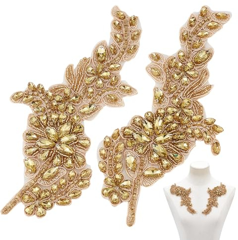 NBEADS 2 Stk. Strass Schärpe Patch, Gestickte Perle Floral Applique 3D BLUMENNn Strass Perlen Applique Aufnähbare Aufnäher für Kleidung Hochzeitskleid Lace Fabric DIY Dekoration, Gold