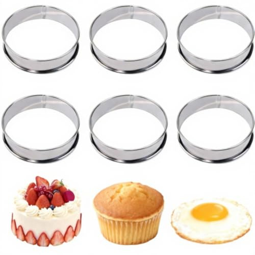 CLKE 6 st smuldjurringar, non-stick rostfritt stål kakringar, dubbelrullade tårttringar, rund 8 cm engelsk muffin matlagningsringar för bakning