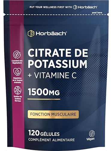 Citrate de Potassium avec Vitamine C | 1500mg | 120 Comprimés Végans | Développement musculaire et Électrolytes EFSA | Haut Dosage | Complément de Potassium | Horbaach